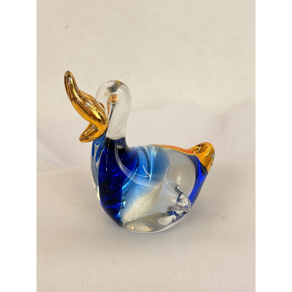 Murano Glass Duck Figurine Blue Gold Leaf Italian Art Glass Bird Signed Label